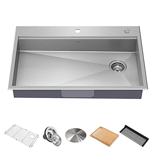 KWT310-33/5.5 Kore ADA Workstation 33-inch Drop-In Topmount 16 Gauge Stainless Steel Single Bowl Kitchen Sink with Accessories, 33 Inch