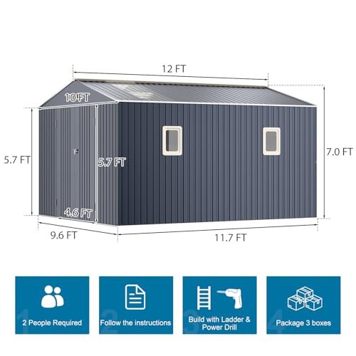 10x12 FT Outdoor Metal Shed with Unique Sunroof Windows Lockable Double Door Air Vent