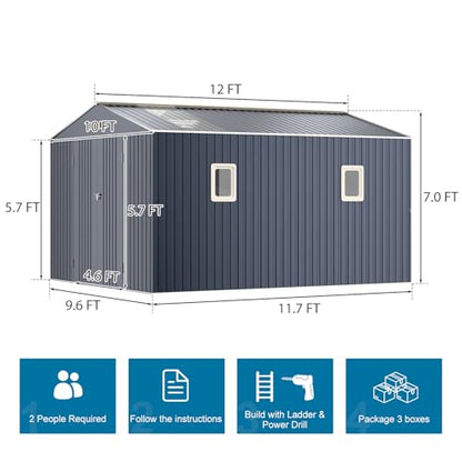 10x12 FT Outdoor Metal Shed with Unique Sunroof Windows Lockable Double Door Air Vent