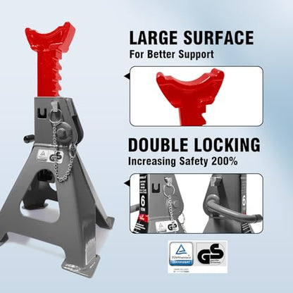 Car Jack Stands 6 Ton with Double Locking and Large Foot Base for Lifting Cars