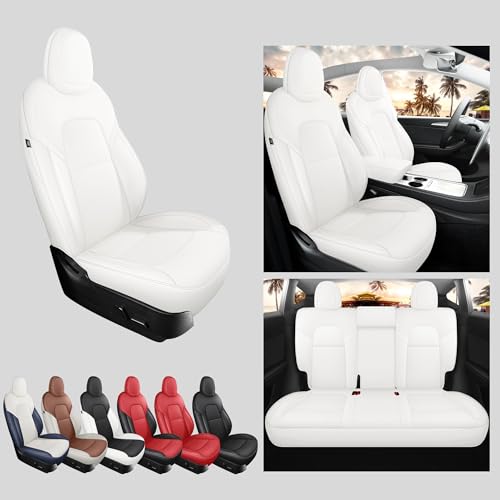 Tesla Model Y Seat Covers White Leather Car Seat Cover Full Set