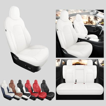 Tesla Model Y Seat Covers White Leather Car Seat Cover Full Set