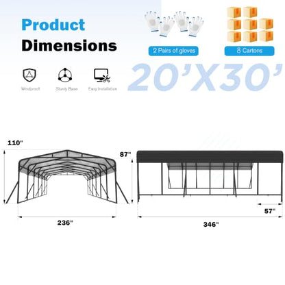 20X30 FT Heavy Duty Metal Carport Canopy with Triangle Frame Base