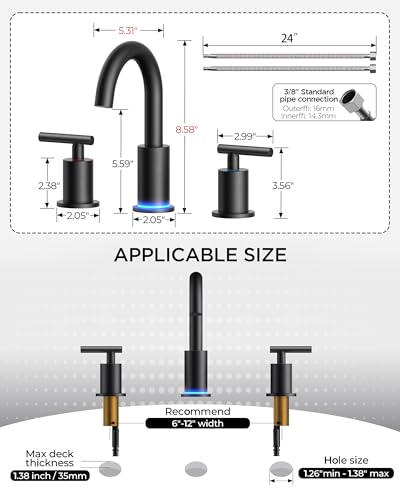 Bathroom Sink Faucet 3 Hole Black 8 Inch Widespread