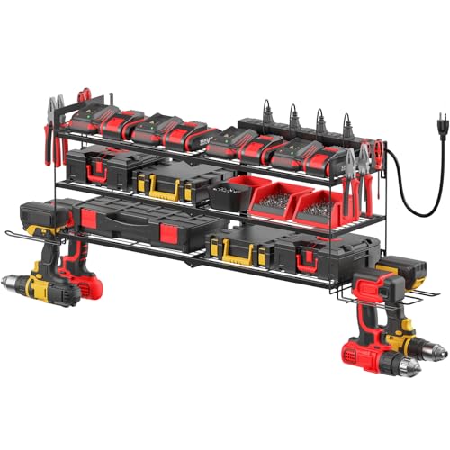 Large Garage Tools Storage with Charging Station. Power Tool Battery Organizer Utility Shelf with Power Strip. 4 Drills Holder Wall Mount Rack (11.5 Count)