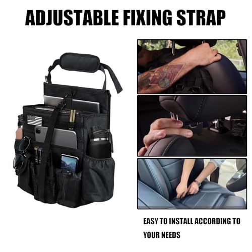 Front & Seat back organizer with dedicated tablet and 15.6 IN laptop storage stabilizers external stabilizing side straps soft adjustable shoulder straps hardened buckle