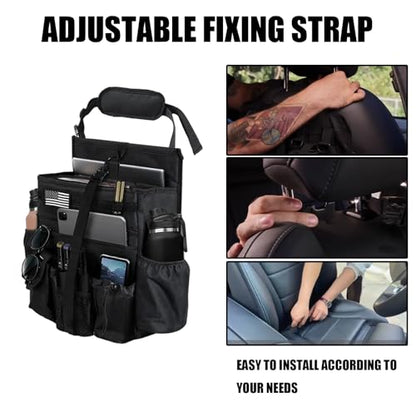 Front & Seat back organizer with dedicated tablet and 15.6 IN laptop storage stabilizers external stabilizing side straps soft adjustable shoulder straps hardened buckle