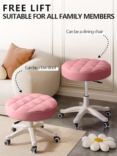 Small Chair Round Rolling Stool with Wheels PU Leather Height Adjustable Swivel Drafting Work SPA Salon Stools Home Office Chair (4 Count)