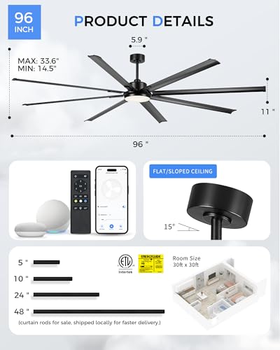 96 Inch Industrial Ceiling Fan with Light