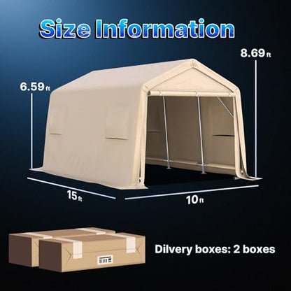 10X15 ft Garage Shelter Steel Metal Peak Roof Portable Storage Shed Carports for Motorcycle Boat