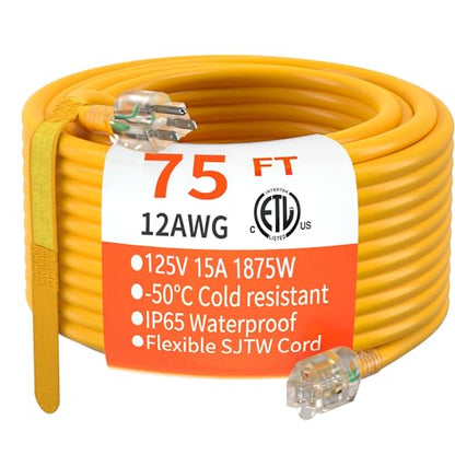 75 FT 12 3 Gauge Extension Cord Yellow
