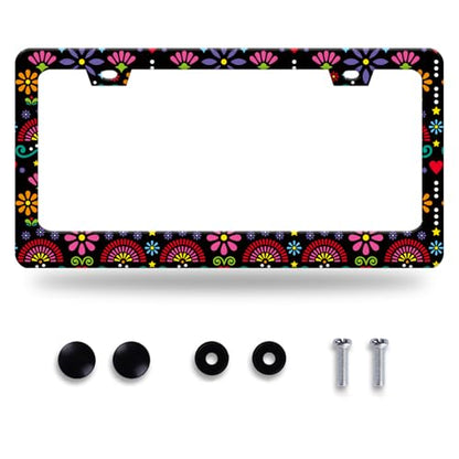 Folk Flowers License Plate Frame Stainless Steel Accessory 12.3x6.3 Inch