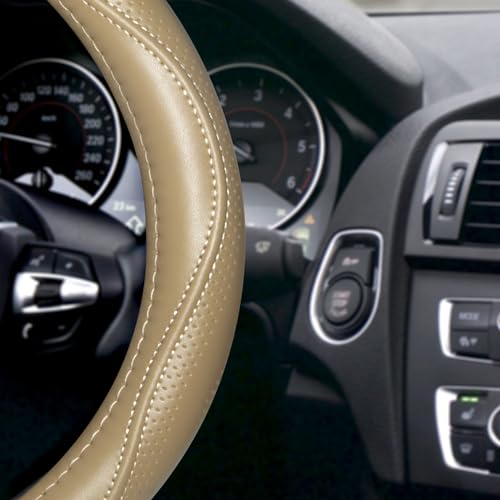 Top Grade Beige Genuine Leather Steering Wheel Cover Men Women