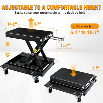 Motorcycle Lift 1100 LBS ATV Scissor Lift Jacks with Dolly Wheels Crank Handle 5.1"