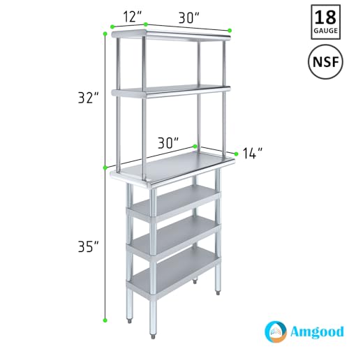 14" x 30" Stainless Steel Work Table with 3 Shelves and 12" Wide Double Tier Overshelf