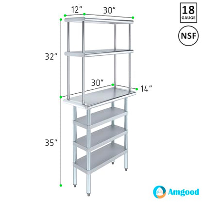 14" x 30" Stainless Steel Work Table with 3 Shelves and 12" Wide Double Tier Overshelf
