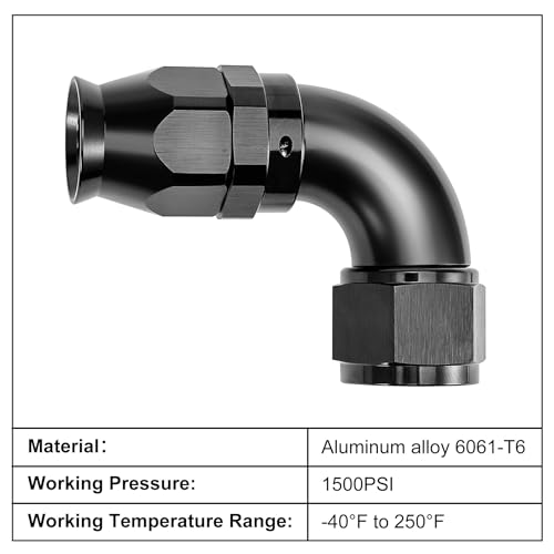 6AN 90 Degree PTFE One Piece Full Flow End Hose Fitting Aluminum Black