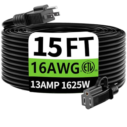 Indoor Outdoor Black Extension Cord 15 FT Waterproof 16