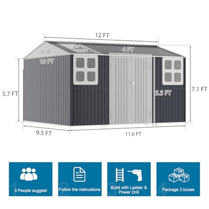 12x10 FT Metal Storage Shed with Unique Base Sunroof Window Lockable Double Door Vent