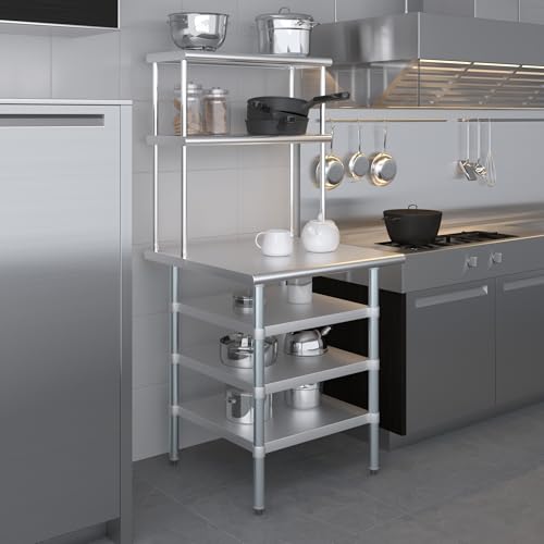 30" x 30" Stainless Steel Work Table with 3 Shelves and 12" Wide Double Tier Overshelf