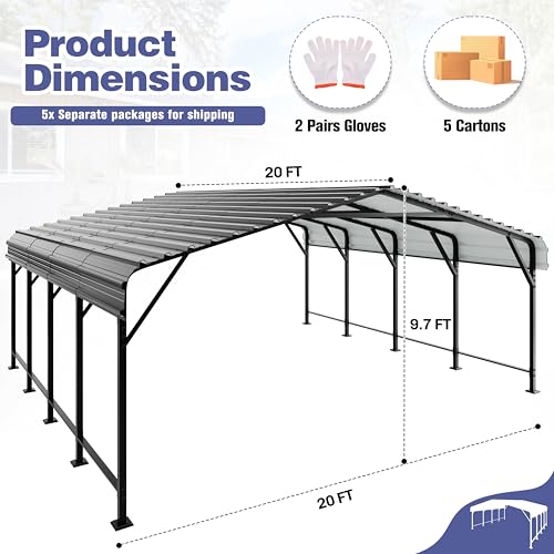 JY QAQA 20 x 20 FT Heavy Duty Metal Carport Canopy with Galvanized Steel Roof