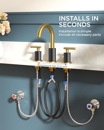 Bathroom Sink Faucet 3 Hole Black and Gold 8 Inch Widespread