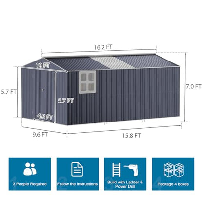 10x16 FT Metal Outdoor Storage Shed with Windows Skylight
