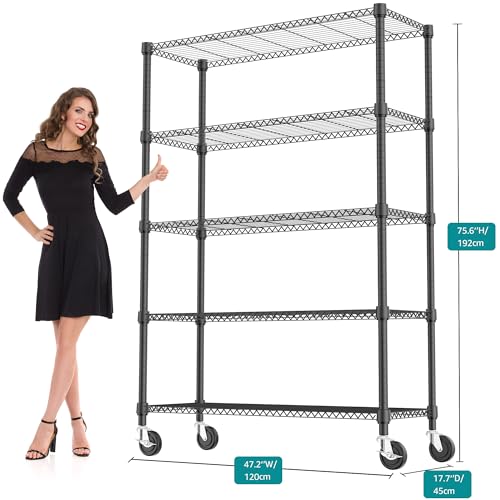 1750LBS 47.2" W 5 Tiers Storage Shelves Metal Shelving Unit with Wheels Heavy Duty Garage Shelving Adjustable Wire Shelves for Pantry