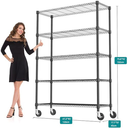 1750LBS 47.2" W 5 Tiers Storage Shelves Metal Shelving Unit with Wheels Heavy Duty Garage Shelving Adjustable Wire Shelves for Pantry