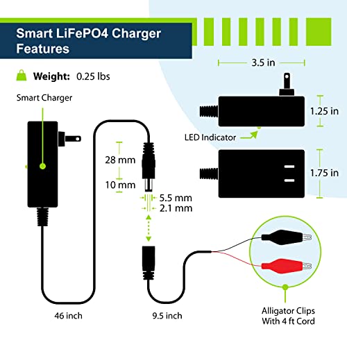 12V 1A Smart Charger for Lithium LiFePO4 Deep Cycle Rechargeable Batteries