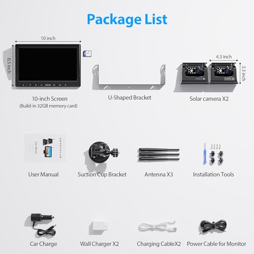 Magnetic Solar Wireless Backup Camera HD 1080P 10" DVR Monitor