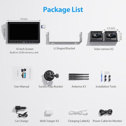 Magnetic Solar Wireless Backup Camera HD 1080P 10" DVR Monitor