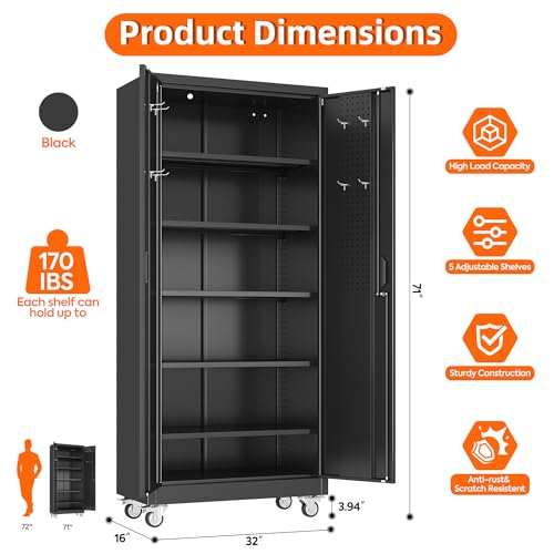 Metal Garage Storage Cabinet with Wheels and Door Pegboard