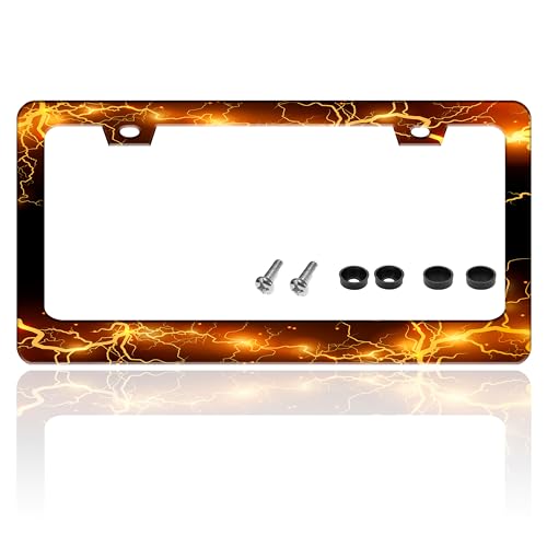 Yellow Red Thunder Lightning License Plate Frame Stainless Steel 6 X 12 in