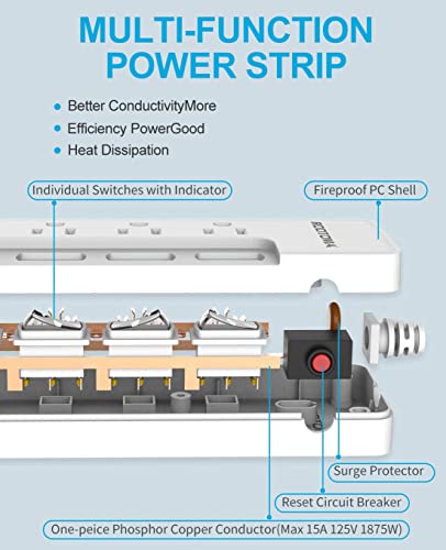 10FT Heavy Duty Extension Cord with Individual Switches on Off