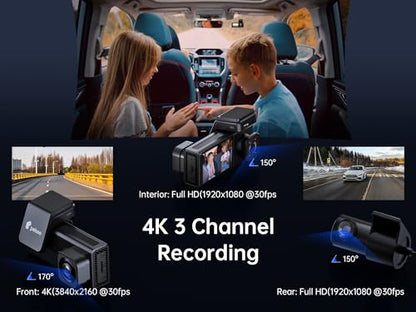 4K 3 Channel Dash Cam Front and Rear Inside