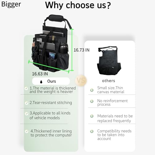 Front & Seat back organizer with dedicated tablet and 15.6 IN laptop storage stabilizers external stabilizing side straps soft adjustable shoulder straps hardened buckle