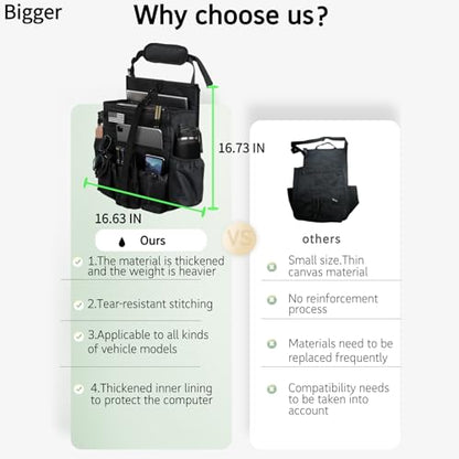 Front & Seat back organizer with dedicated tablet and 15.6 IN laptop storage stabilizers external stabilizing side straps soft adjustable shoulder straps hardened buckle