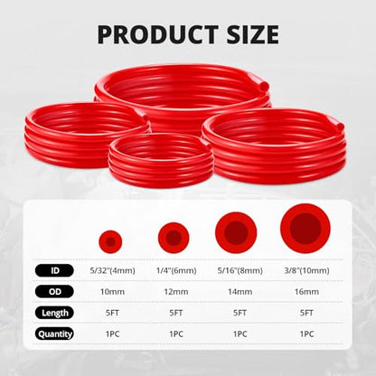 5/32 1/4 5/16 3/8 Silicone Vacuum Tubing Hose Line Kit 5FT 4PCS 130PSI Max Pressure Red (4mm 6mm 8mm 10mm)