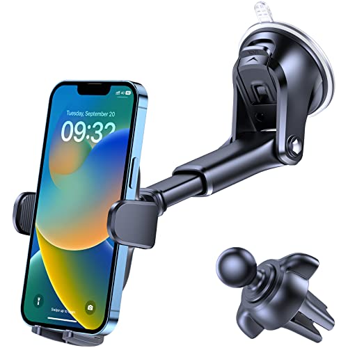 3-in-1 Car Phone Mount for Dashboard, Windshield & Air Vent – Strong Suction Cup Holder with Adjustable Arm & 360° Rotation – Universal Car Cell Phone Holder for iPhone & Android Smartphones