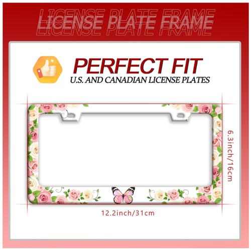 Pink Butterfly License Plate Frame Stainless Steel Flowers License Holder