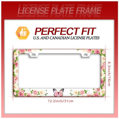 Pink Butterfly License Plate Frame Stainless Steel Flowers License Holder