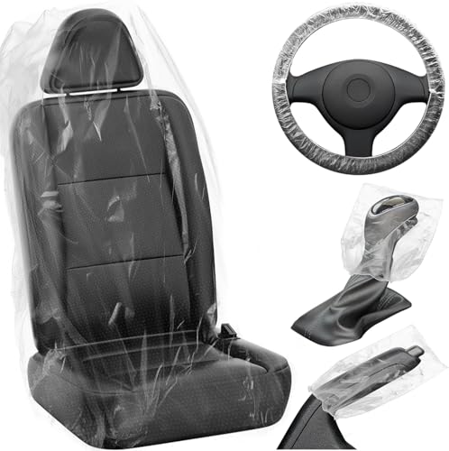 375 PCS Disposable Car Seat Covers Clear Plastic Vehicle Seat Protector Set with Steering Wheel (375 Count)
