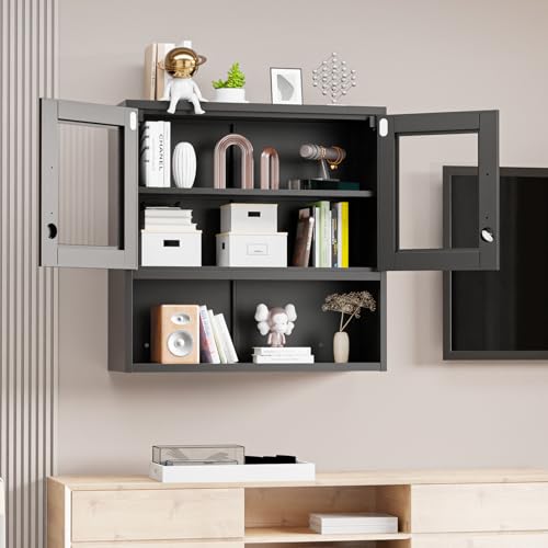 Metal Wall Cabinet with Locking Glass Doors & Magnetic LED Sensor Light