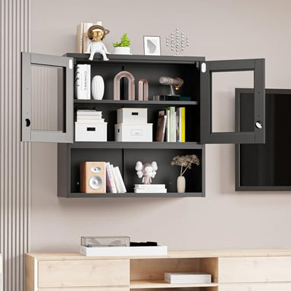 Metal Wall Cabinet with Locking Glass Doors & Magnetic LED Sensor Light