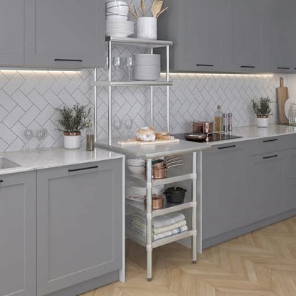 30" x 24" Stainless Steel Work Table with 3 Shelves and 12" Wide Double Tier Overshelf