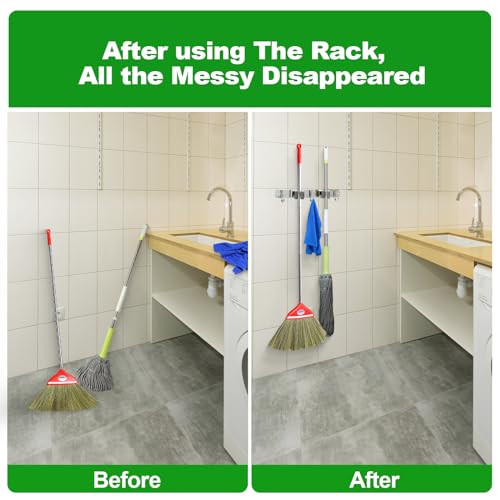 2 Racks and 3 Hooks Mop and Broom Holder Wall Mount
