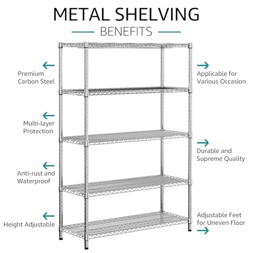 4250 LBS Garage Shelving Wide Storage Shelves 5 Tier Metal Shelves Heavy Duty Adjustable Utility Shelf Rack Chrome 17.7" D x 47.2" W x 70.4" H (5 Count)