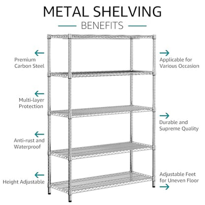 4250 LBS Garage Shelving Wide Storage Shelves 5 Tier Metal Shelves Heavy Duty Adjustable Utility Shelf Rack Chrome 17.7" D x 47.2" W x 70.4" H (5 Count)
