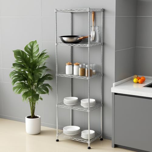 Chrome Small 5 Tiers Wire Shelving NSF Certified. Adjustable Storage Rack for Kitchen